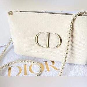 DIOR Beauty Tan Gold CD Striped Velour Cosmetic Makeup Pouch Bag Pearl Strap
